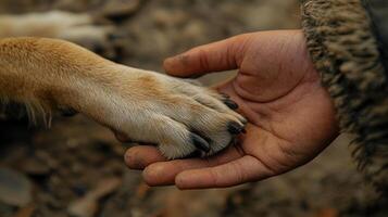 Hand gently touching rescue dog paw symbolizing connection and care in outdoor setting with warm tones photo