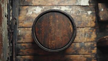 Wooden barrel top view with rustic texture in dimly lit room creating warm world whisky day atmosphere for aged spirit storage photo
