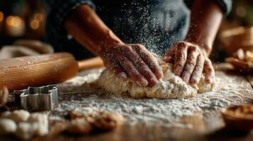 Baking dough with hands on wooden table with flour and rolling pin creating cozy cottagecore kitchen scene full of warmth and charm photo