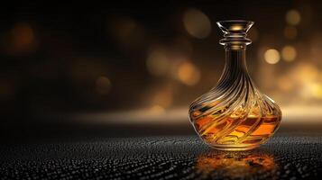 Whisky bottle with amber liquid on dark textured surface glowing warmly in world celebrating whisky day with elegant and cozy atmosphere photo