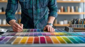 Creative designer reviewing color palette samples at bright desk with paintbrushes and color swatches for artistic work photo