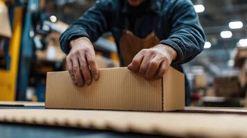 Close up of hands assembling custom product packaging box in warehouse environment showing careful manual work and focus on detail photo