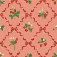 Red wild strawberry, coquette ribbon bow trellis checkered seamless pattern Damask Rhombus Background vector