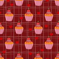 cakes with Red hearts on grid cell checkered seamless pattern, pastry Valentines day texture vector
