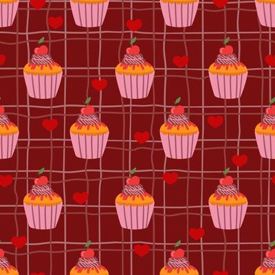 cakes with Red hearts on grid cell checkered seamless pattern, pastry Valentines day texture