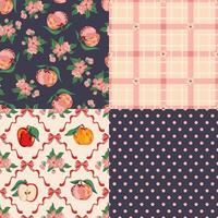 Coquette core, preppy bows, polka dot, apple checkered seamless pattern set, wrapping, fabric textile vector