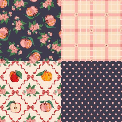 Coquette core, preppy bows, polka dot, apple checkered seamless pattern set, wrapping, fabric textile
