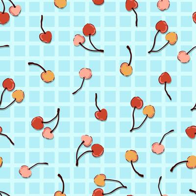 Ripe cherry, on line checkered seamless fruit pattern for kitchen decor tablecloths, coquette core