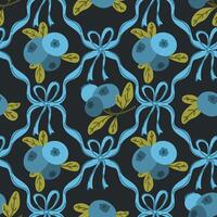 blueberries, bilberries, Coquette core, preppy bows seamless pattern, wrapping, fabric, textile vector