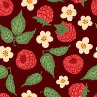 Raspberry berries, flowers, leaves, summer seamless pattern wrapping, fabric. Natural berries texture vector