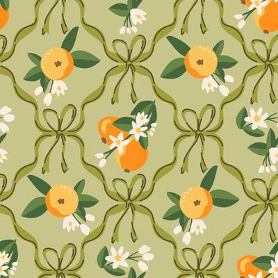 Summer tropical seamless pattern, oranges, preppy coquette bow. citrus exotic fruits background