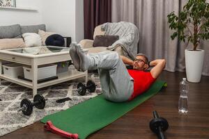 Home workout session with fitness routine and weights photo