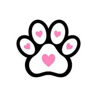 Paw print outlined in bold black, with pink hearts embedded in the pads. vector