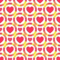 Seamless pattern with red hearts centered within colorful rings on white background. vector
