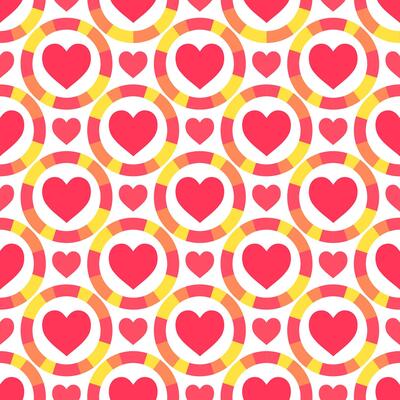 Seamless pattern with red hearts centered within colorful rings on white background.