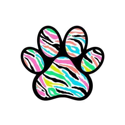 Paw print filled with colorful stripes.