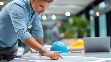 Architect pointing at zoning map spread across large conference table with safety helmet and laptop nearby in modern office photo