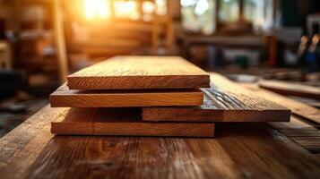 Stacked hardwood flooring planks with soft sunlight highlighting wood grain texture in warm workshop environment photo