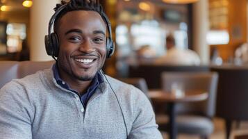 Smiling man wearing headset sitting in cozy cafe enjoying music and conversation with relaxed and happy expression photo