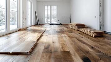 Minimalistic living room with stylish wooden flooring planks stacked and partially installed, bright natural light fills space creating calm photo