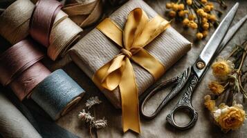 Gift wrapping scene with golden ribbon tied wrapped box, vintage scissors, colorful thread spools, and dried yellow flowers creating warm photo