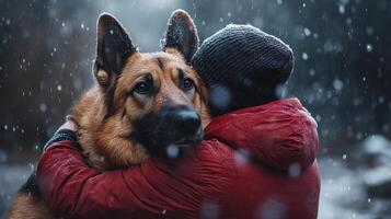 Person hugging large German shepherd dog in rain with soft dreamy background, showing warmth and comfort in cold weather photo