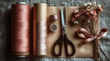 Gift wrapping scene with brown kraft paper, vintage scissors, pink ribbons, and dried flowers creating warm and delicate atmosphere photo