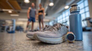 Fitness gear including shoes, water bottle, and smartwatch on gym floor with blurred people in background creating active and motivating atmosphere photo