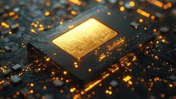 Golden microchip on dark circuit board with glowing lights, symbolizing advanced technology and futuristic innovation in electronics photo