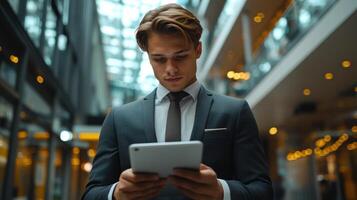 Young businessman in formal attire focused on analyzing data on digital tablet in modern office with natural daylight and neutral tones photo