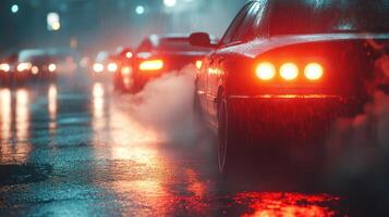 Rear end collision scene with taillights glowing through mist steam and smoke mixing with rain under city lights creates tense atmosphere photo