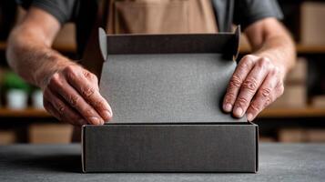 Close up of hands assembling custom product packaging box with care and precision on worktable in workshop environment photo