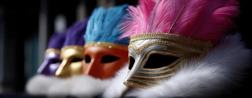 Colorful carnival masks with feathers and gold trim lined up in row, creating festive and dramatic atmosphere photo