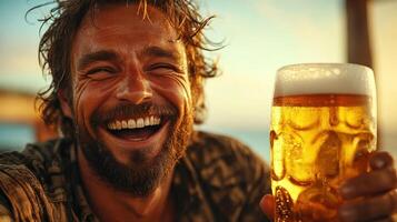 Joyful man with beard laughing happily while holding glass of golden beer with foam on top in warm sunlight photo