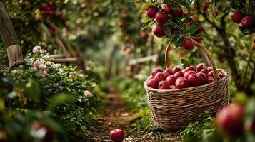 Basket full of red apples sits on ground under apple trees in peaceful garden path with flowers creating charming cottagecore scene photo