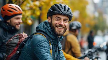 Cyclists smiling and chatting at city coffee stop before continuing their morning commute on bicycles with helmets and backpacks photo