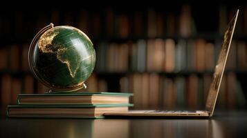 Green globe with gold details sits on stacked books next to open laptop in cozy library setting, evoking sense of knowledge and learning photo