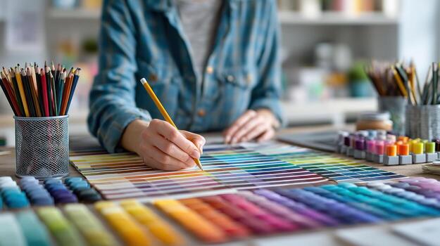 Creative designer selecting color from palette with pencil at bright desk, surrounded by colored pencils and paint tubes, focused on work photo