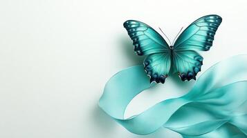 Delicate blue butterfly rests on flowing ribbon symbolizing hope and awareness for ovarian cancer on world cancer day photo