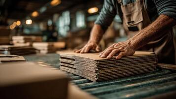Close up of hands assembling custom product packaging box in factory with warm and focused atmosphere photo
