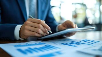 Focused businessman in formal attire analyzing financial data on digital tablet with charts and graphs on paper in bright office photo