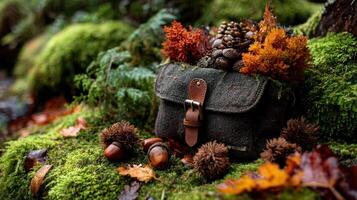 Rustic bag filled with pine cones and moss sits on vibrant green moss surrounded by acorns and leaves creating cozy cottagecore vibe photo