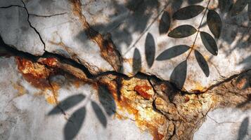 Cracked marble surface with rusty orange and brown textures and soft leaf shadows creating natural and artistic pattern on stone photo