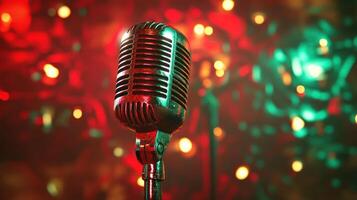 Vintage microphone with red, gold, and green spotlight highlighting creates vibrant and nostalgic atmosphere for music performance or recording photo