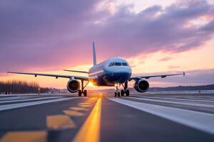 Airplane on runway at sunset with bright sky and clouds, preparing for takeoff with glowing light and vibrant colors photo