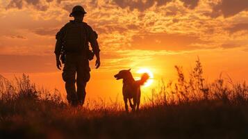 Silhouette of soldier and dog walking together at sunset in grassy field with dramatic orange sky and clouds photo