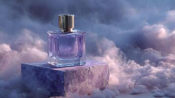 Glass perfume bottle with purple liquid sits on marble block surrounded by soft clouds creating dreamy and elegant atmosphere photo