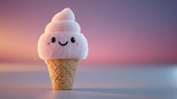 Kawaii pink ice cream cone with smiling face and cute cheeks stands happily against soft pastel background glowing warmly photo