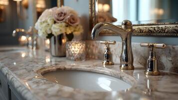 Marble bathroom sink with shiny metal faucet and handles is surrounded by soft lighting and elegant flowers creating calm and luxurious atmosphere photo