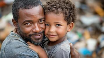 Father hugging son tightly with warm smile, background shows discarded paraphernalia fading out, expressing love and protection photo